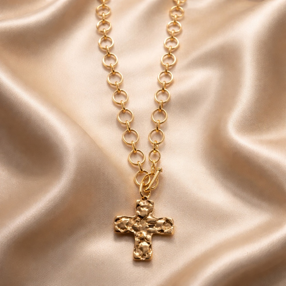 Gold Hammered Cross Pendant Necklace - Women's Jewelry